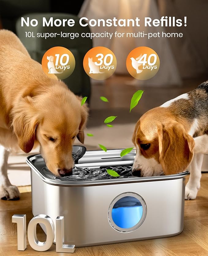 oneisall Dog Water Fountain for Large Dogs, 10L/2.6Gal Stainless Steel Automatic Dog Water Bowl Dispenser with Deeper, Wider Drinking Area, Water Window & Triple Filtration for Large Dogs & Multi-Pet