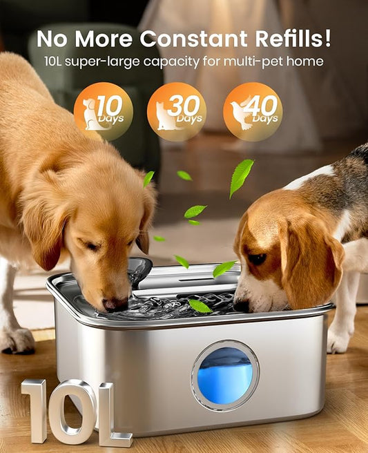 oneisall Dog Water Fountain for Large Dogs, 10L/2.6Gal Stainless Steel Automatic Dog Water Bowl Dispenser with Deeper, Wider Drinking Area, Water Window & Triple Filtration for Large Dogs & Multi-Pet