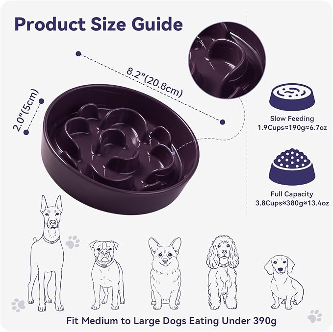 Ceramic Slow Feeder Dog Bowl - Maze Dog Bowl to Slow Down Eating - Feeding Dish for Fast Eaters - Ideal Food Control Dish for Medium to Large Breeds - 8.2 Inch - 1.8 Cups (180g) - Purple