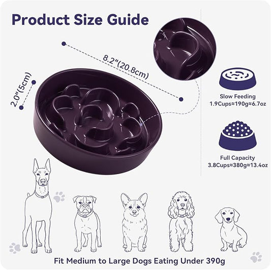 Ceramic Slow Feeder Dog Bowl - Maze Dog Bowl to Slow Down Eating - Feeding Dish for Fast Eaters - Ideal Food Control Dish for Medium to Large Breeds - 8.2 Inch - 1.8 Cups (180g) - Purple