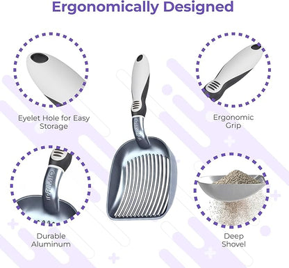 Sifter w/ Deep Shovel Cat Litter Scoop - Designed by Cat Owners - Durable Plastic Cat Litter Scooper for Litter Box - Solid Strong Handle. By iPrimio. Patented Kitty Litter Scoop