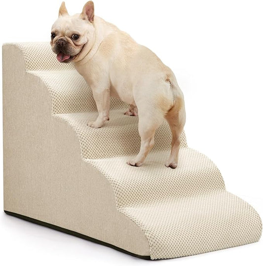Dog Stairs for Bed 22.4”H,5-Step Dog Ramp for Small Dogs & Cats,Pet Steps for Dogs to get on High Bed, Indoor Anti-Slip Pet Stairs for Old Cats and Puppy,Beige