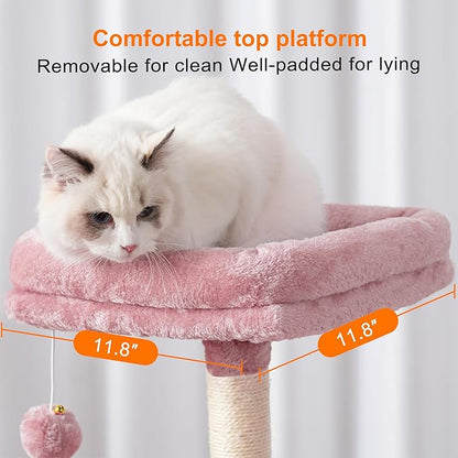 Heybly Cat Tree with Toy, Cat Tower Condo for Indoor Cats, Cat House with Padded Plush Perch, Cozy Hammock and Sisal Scratching Posts, Skin Pink HCT004SP