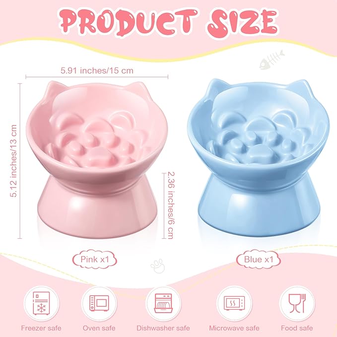 2 Pcs Ceramic Raised Slow Feeder Cat Bowl, 5.91inch Elevated Cat Slow Feeder Bowl Tilted Anti Vomiting for Dry Wet Food and Water Easy to Clean High Edge(Pink, Blue)