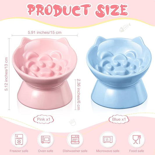 2 Pcs Ceramic Raised Slow Feeder Cat Bowl, 5.91inch Elevated Cat Slow Feeder Bowl Tilted Anti Vomiting for Dry Wet Food and Water Easy to Clean High Edge(Pink, Blue)