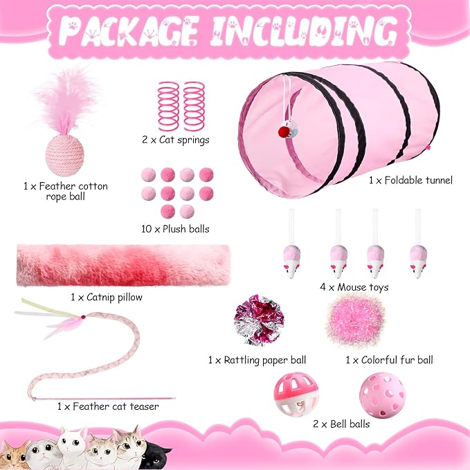 24 Pcs Cat Toys Set Interactive Kitten Toys Pack Including Collapsible Play Tunnel Feather Teaser Wand Fuzzy Ball Springs Pillow Mouse Bells for Indoor Cats Puppy(Pink)