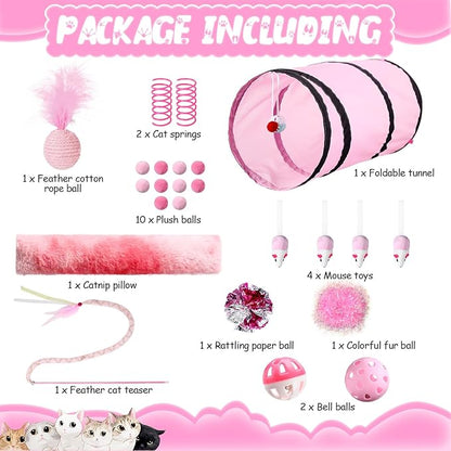 24 Pcs Cat Toys Set Interactive Kitten Toys Pack Including Collapsible Play Tunnel Feather Teaser Wand Fuzzy Ball Springs Pillow Mouse Bells for Indoor Cats Puppy(Pink)