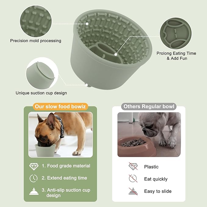 Slow Feeder Dog Bowls, Silicone Dog Lick Bowl with Brush & Scraper, Non-Slip Base Slow Feeder for Anxiety Alleviating & Oral Health, Deep Green