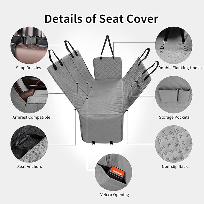 PureFit Dog Car Seat Cover for Back Seat, 100% Waterproof Dog Car Hammock with Storage Pocket, Pet Back Seat Covers Scratch Proof Nonslip Seat Protector for Cars Trucks and SUVs - Grey, Large
