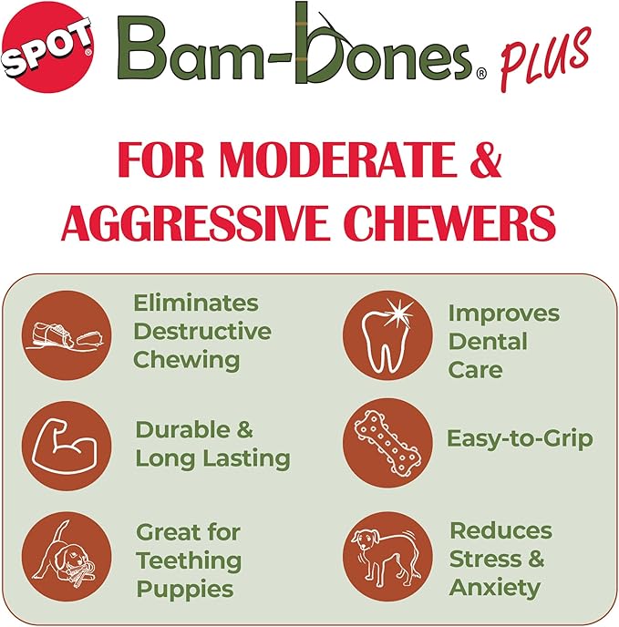 SPOT Bam-Bones Plus T-Bone Dog Chew Toy, Bamboo Fiber & Nylon, Chicken Flavor, Durable Non-Splintering Chew for Moderate to Aggressive Chewers, Dogs 30-60 lbs, 6 Inch