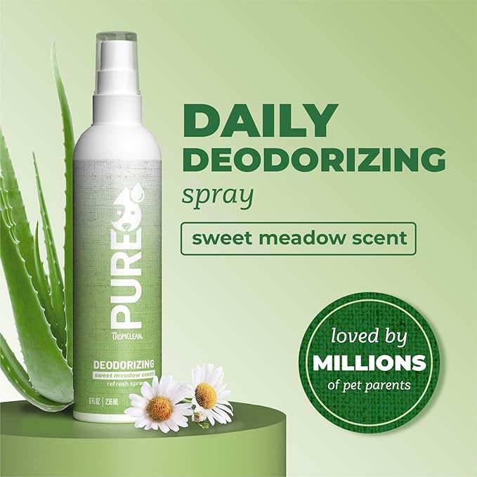 TropiClean PURE Deodorizing Dog Perfume Spray, Sweet Meadow Scent, Gentle Vegan Formula, Long Lasting Deodoziring Spray for Smelly Dogs, 8oz.