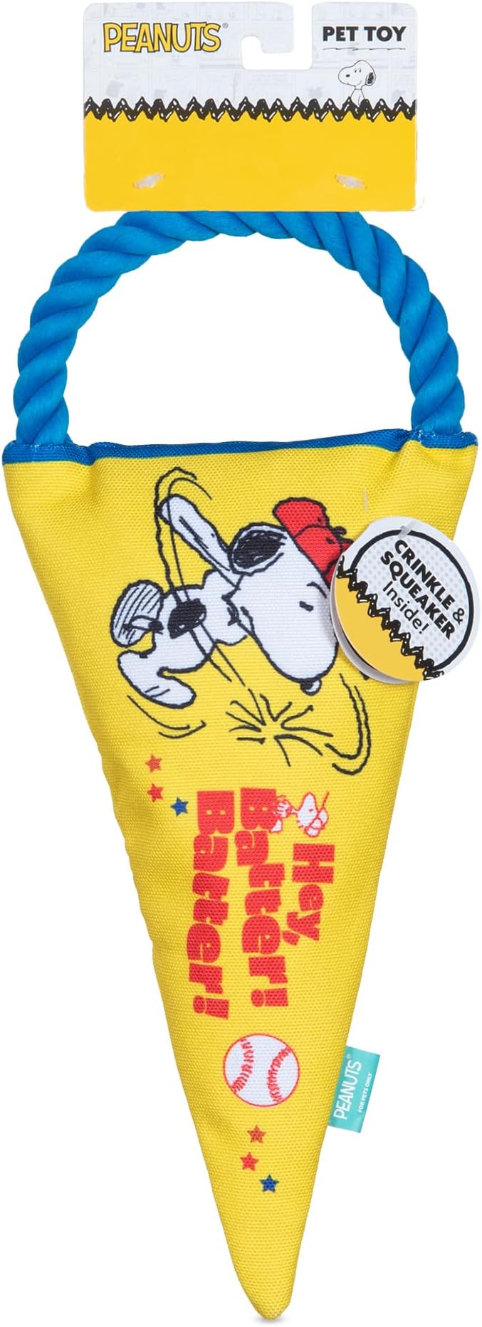 Peanuts for Pets Durable Dog Toy - Athlete Snoopy Flattie Fan Banner with Rope Tug, Squeaker, and Crinkle - Interactive Chew Toys for Small, Medium, Large Dogs and Puppies