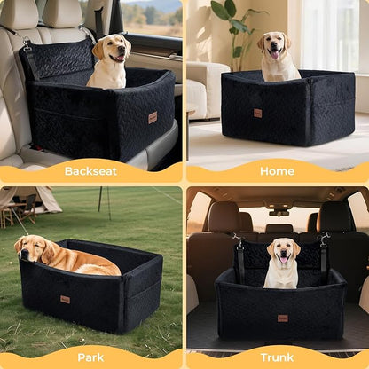Dog Car Seat for Large Medium Dogs up to 60 lbs or 2 Small Dogs – Elevated Dog Booster Seat for Cars 14in Height, Washable Pet Car Seat, Thick Cushion Backseat with 2 Safety Leashes(Black Full)