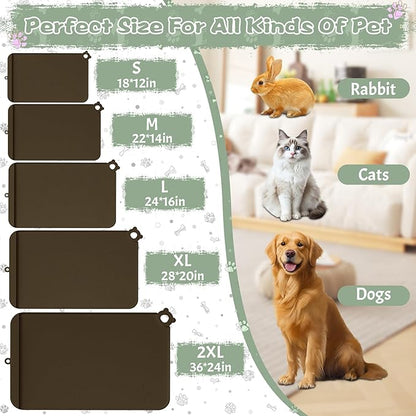Dog Food Mat, Silicone Pet Feeding Mat With Residue Collection Pocket - Waterproof Bowl Mat for Cats and Dogs, Raised Edges, Hooks, Placemats for Food and Water