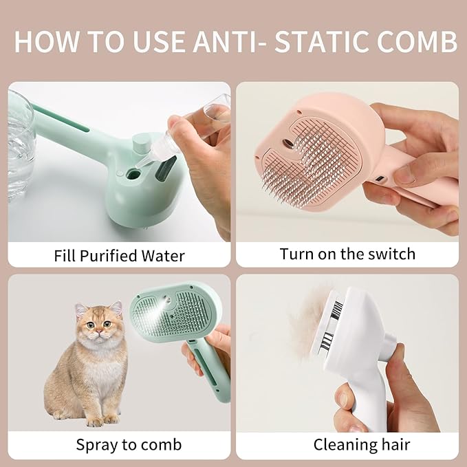 Cat Steam Brush 3-in-1 Pet Steam Brushes for Dogs and Cats - Self-Cleaning Grooming Brush with Steam Spray, Hair Removal Comb for Long Haired Cats and Dogs