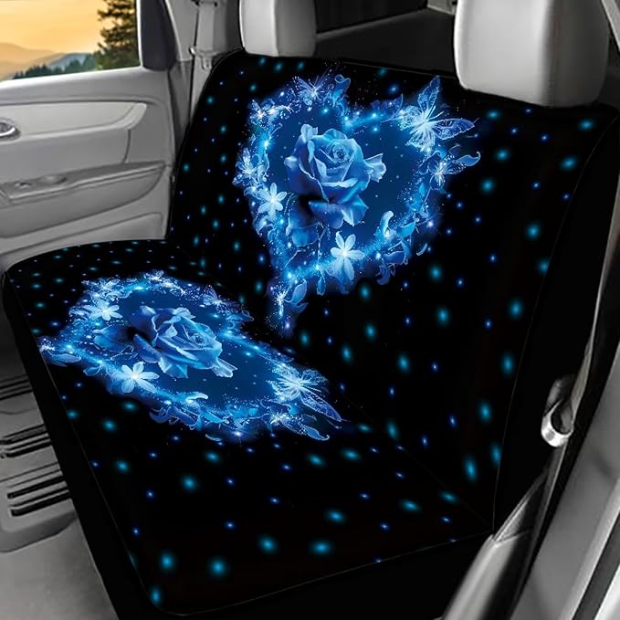 AFPANQZ Blue Rose Full Wrap Car Seat Covers Rear Bench Protection Cushion Backseat Mats Against Dirt & Pet Fur Dust-Proof Universal Car Accessories Decoration Set