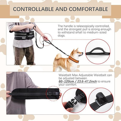 Dog Leash with Waist Belt, Reflective Stitching, Dual Handles, Elastic Retractable Design, Perfect for Running, Black, Suitable for Medium and Large Dogs
