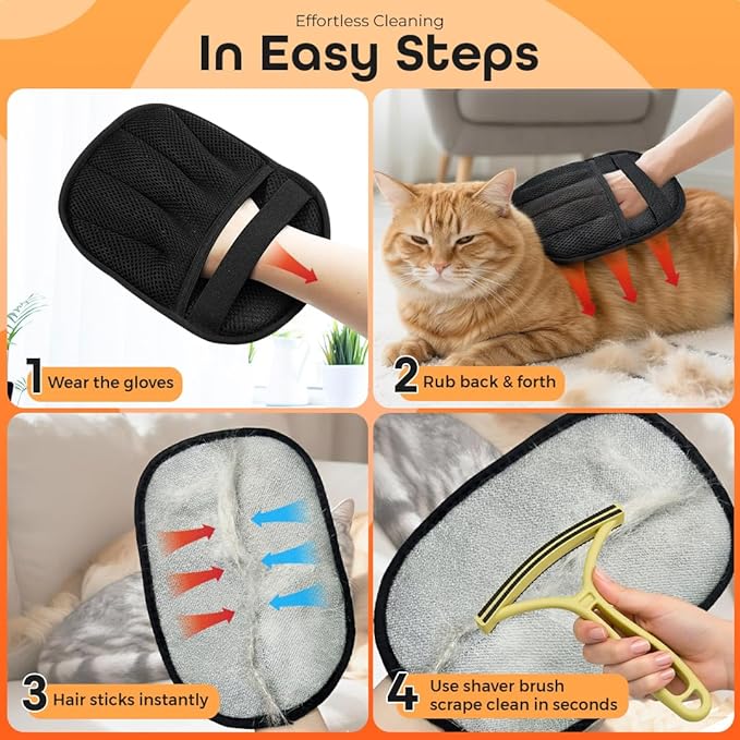2 Pack Electrostatic Pet Hair Remover Glove with Cleaning Brush for Cats & Dogs, 2026 Upgraded Reusable 5-Finger Grooming Gloves – Magic Brush Tool for Furniture, Couch, Carpet, Car & Clothing (Black)