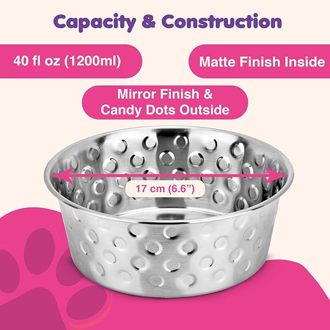 Heavy Gauge Stainless Steel Dog Bowls | Cat Bowls (Pack of 2) - Anti Skid Dog Water Bowl | Cat Water Bowl - Dishwasher Safe - 40 Oz - 1200 ml - 17 cm Diameter (Elegant Candy Dots)
