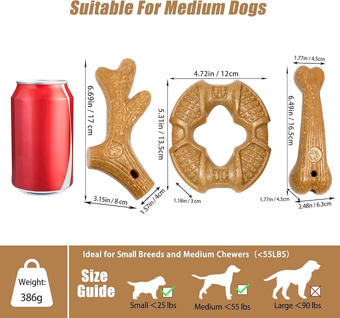 Dog Chew Toys for Aggressive Chewers, 3 Pack Nylon & Wood Teething Bone Toy Set with Chicken Flavor, Durable Tough Bones Chewing Toys for Small & Medium Dogs