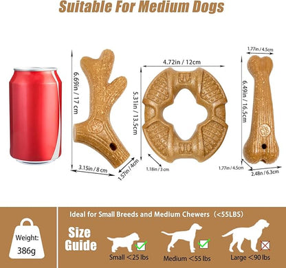 Dog Chew Toys for Aggressive Chewers, 3 Pack Nylon & Wood Teething Bone Toy Set with Chicken Flavor, Durable Tough Bones Chewing Toys for Small & Medium Dogs
