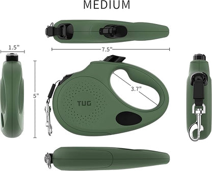 TUG Oval 360° Tangle-Free Retractable Dog Leash with Integrated Waste Bag Dispenser (Medium, Green)