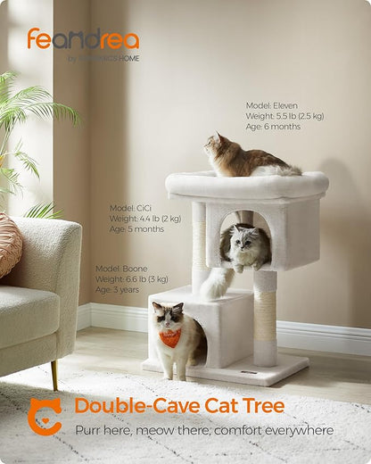 Feandrea Cat Tree, 33.1-Inch Cat Tower, Plush Condo for Large Cats up to 16 lb, Large Perch, 2 Caves, Scratching Post, Cream White UPCT061T01