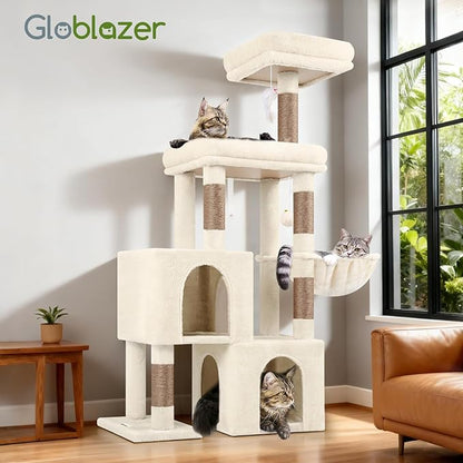 Globlazer Cat Tree Condo Tower for Multiple Indoor Cats, 52in Multi-Level Cat Scratching Tree with Cat Condos, 5 Sisal Scratching Posts, 2 Padded Perches, Big Haging Basket, Widened Base, S52, Beige