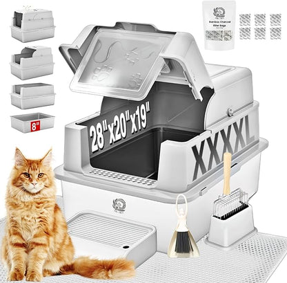 XXXXL Jumbo Stainless Steel Litter Box with Lid for Maine Coon, 28" L x 20" W x 19" H Extra Large Stainless Steel Cat Litter Box for Big Cat and Multi-Cats Families,Non-Sticky, Anti-Leakage