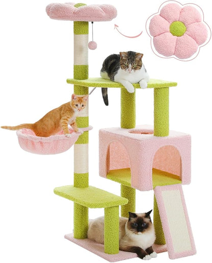 Flower Cat Tree 47.2" Multi-Level Cat Tower with Sisal Covered Scratching Posts, Cute Cat Condo for Indoor Small Medium Cats, Pink Top Perch, Fluffy Ball, Pink