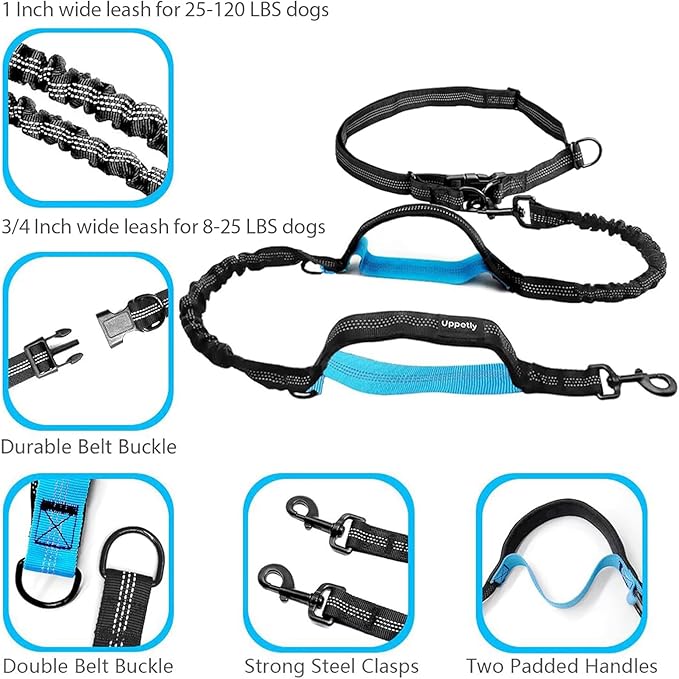 Hands Free Dog Running Leash with Adjustable Waist Belt, Dual Handle Elastic Bungees Retractable Rope for Small and Medium Dogs, Reflective Stitches for Walking Hiking Biking (Medium, 8-25lb)