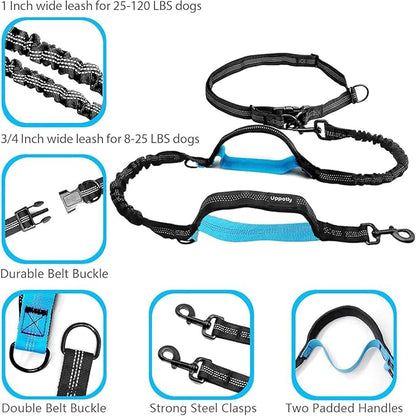 Hands Free Dog Running Leash with Adjustable Waist Belt, Dual Handle Elastic Bungees Retractable Rope for Small and Medium Dogs, Reflective Stitches for Walking Hiking Biking (Medium, 8-25lb)