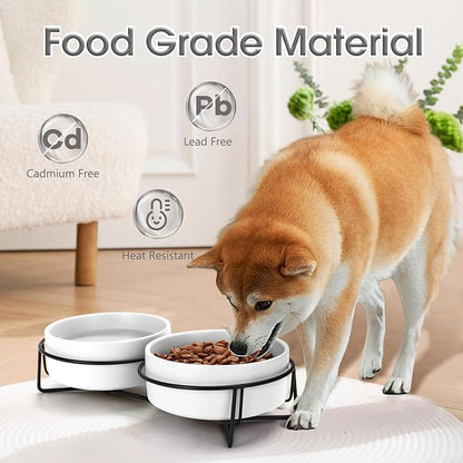 Ceramic Dog and Cat Bowl Set with Stand, 3.6 Cups Dog Food and Water Bowl Suitable for Small and Medium Pets (28.7oz White)
