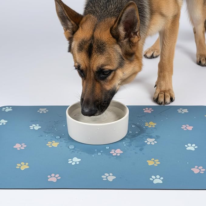 Cat Food Mat Absorbent Dog Mat for Food and Water Non Slip Quick Dry Dog Bowl Mats for Floors 24" X 16" Paw Lake Blue