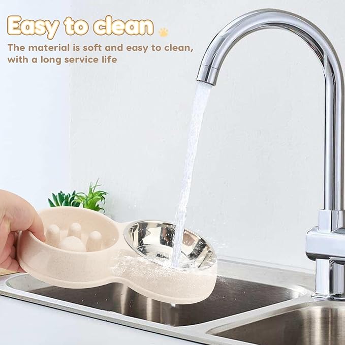 Pets Double Slow Feeder Bowls, Cats & Dogs Food Water Bowls, Stainless Steel Puppy Food and Water Dishes Non-Skid, Pet Feeding Bowl for Small Dogs Puppy Cat (White)