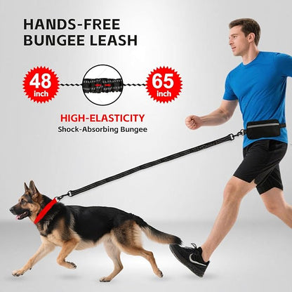 Hands Free Dog Leash with Waist Belt & Large Pouch, Waist Leash for Dog Walking, Running, Hiking & Jogging, Reflective Dual Padded Handles, Ideal for Medium/Large Dogs (30-120lbs)