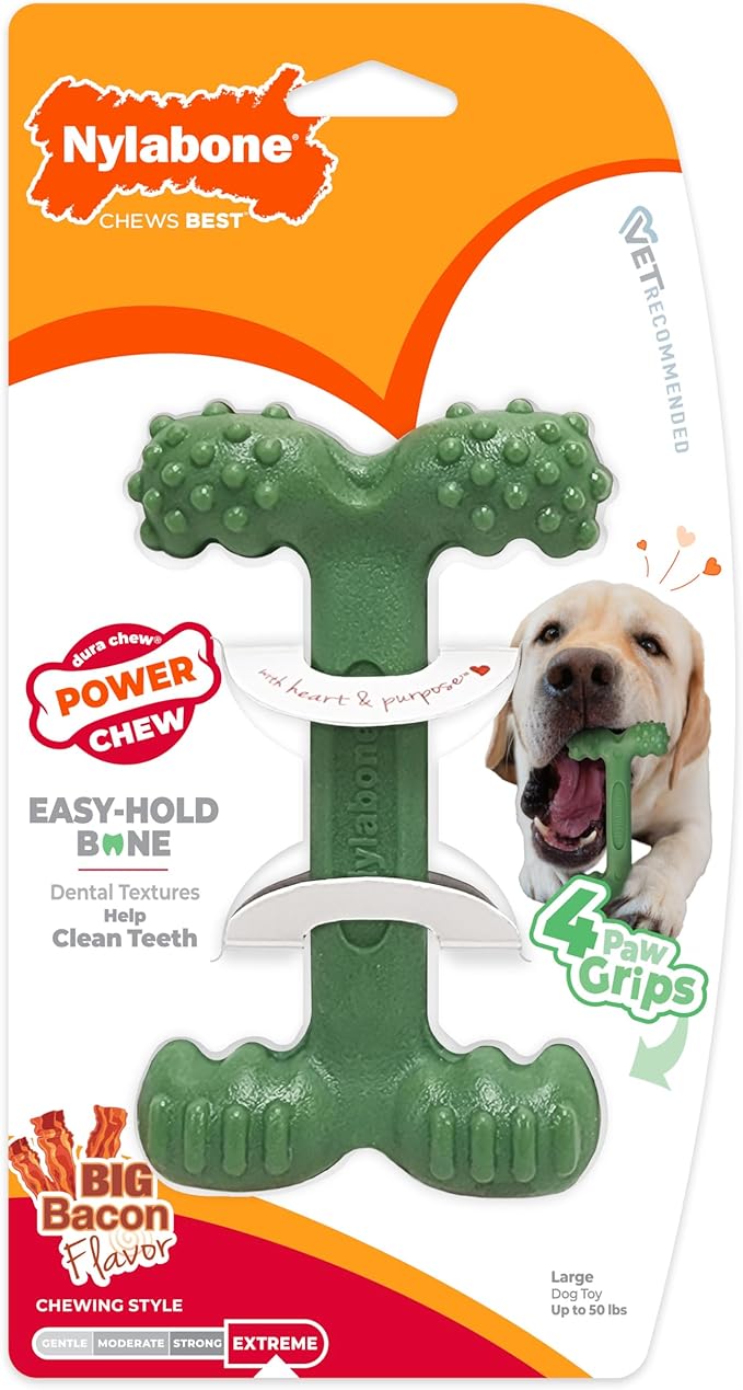 Nylabone Easy-Hold Dental Bone Power Chew Toy for Dogs, Dog Toys for Aggressive Chewers, Bacon Flavor, Large - Up to 50 lbs, 1 Count