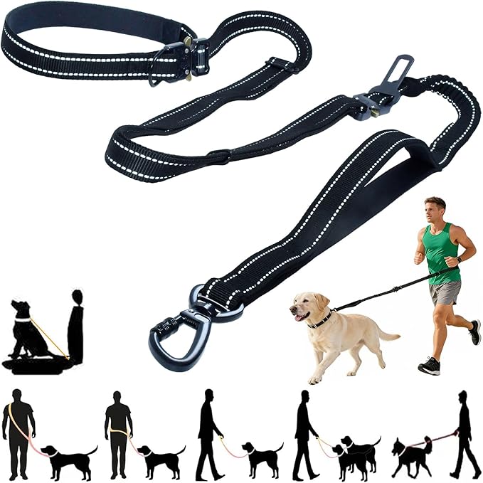 Heavy Duty No-Pull Dog Leash, 9.5ft Hands-Free Waist & Crossbody Bungee Leash with Adjustable Belt, Detachable Car Seat Belt & Reflective Strip for Large Medium Dogs, Black