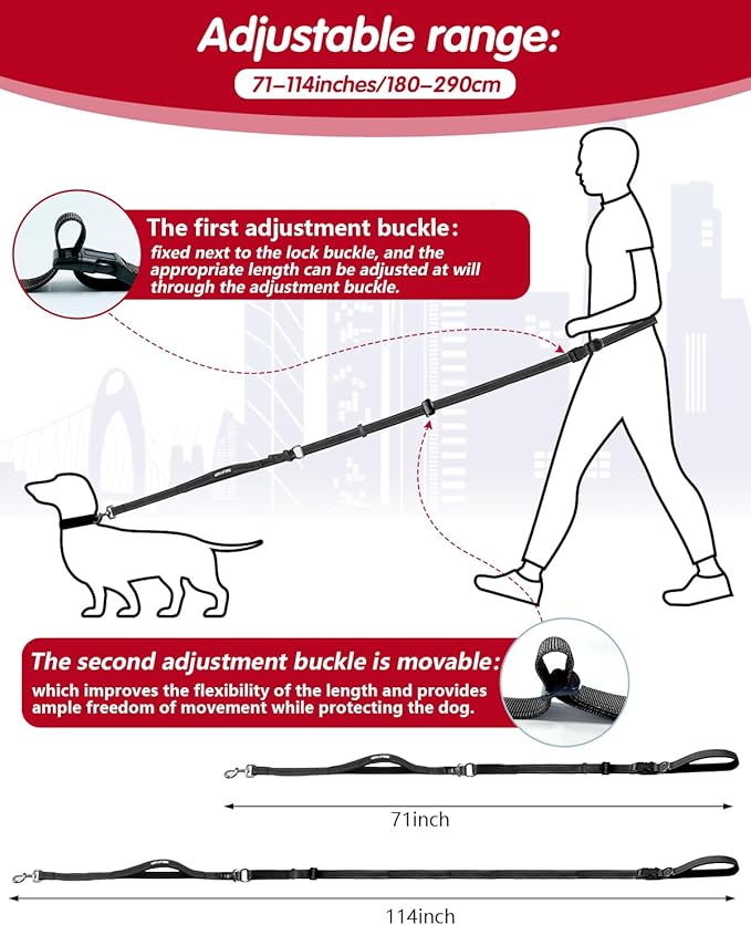 Hands Free Dog Leash, Multifunctional Crossbody Dog Leash, 5.9-9.5Ft Long Waist Belt with Car Safety Buckle and Double-Sided Reflective Stitches for Medium and Large Dogs.(Black)