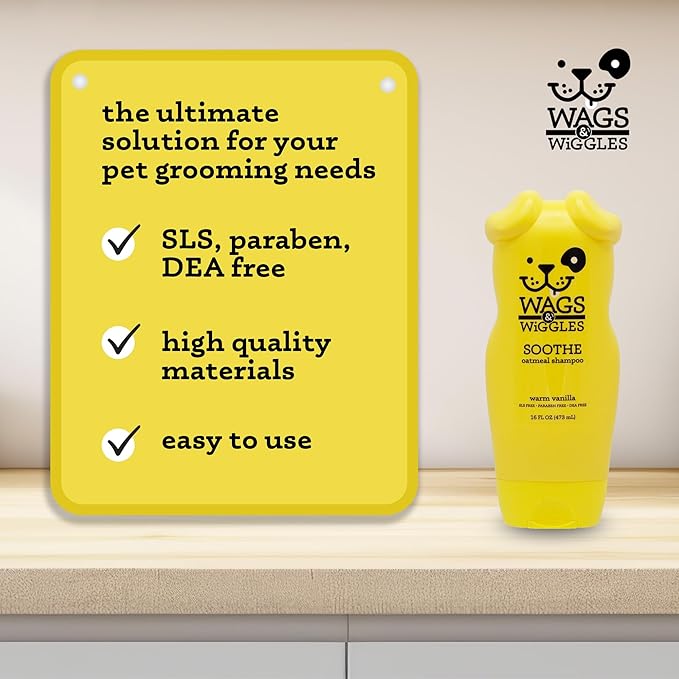 Wags & Wiggles Soothe Oatmeal Dog Shampoo - Warm Vanilla Scent, pH-Balanced Colloidal Oatmeal Formula for Dogs with Dry, Itchy, or Sensitive Skin, SLS and Paraben Free, 16 Fl Oz