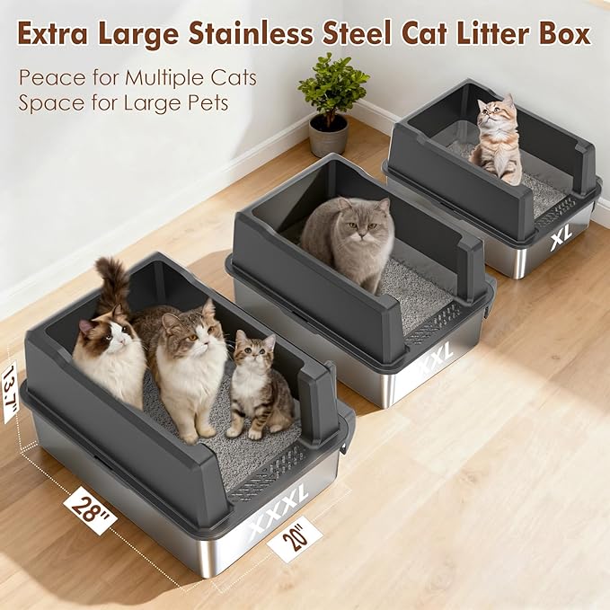 Jumbo Stainless Steel Cat Litter Box, Open Top Litter Box with 13.7" High Sides to Stop Scatter, Large Cat Litter Box for Multiple Cats, Easy Clean & Odor Resistant, Includes Scoop