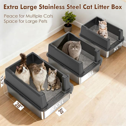 Jumbo Stainless Steel Cat Litter Box, Open Top Litter Box with 13.7" High Sides to Stop Scatter, Large Cat Litter Box for Multiple Cats, Easy Clean & Odor Resistant, Includes Scoop
