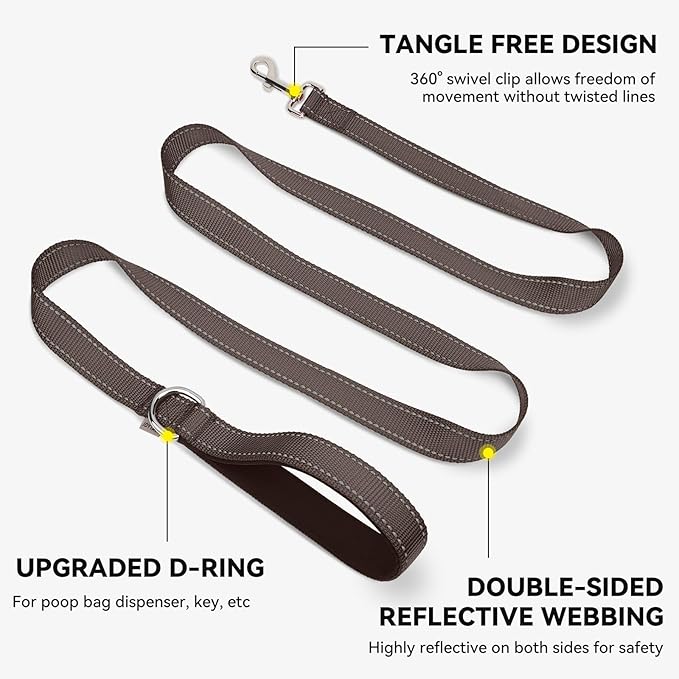 Joytale Double-Sided Reflective Dog Leash, 6 FT/5 FT/4 FT, Padded Handle Nylon Heavy Duty Leashes for Small & Medium Dogs Walking, Brown, 5FT