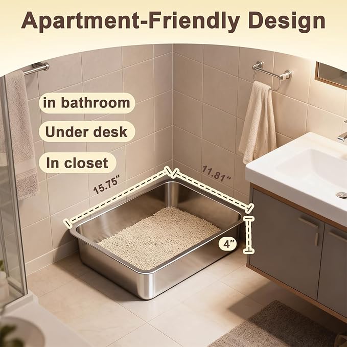 Low Entry Stainless Steel Litter Box for Kitten, Small Shallow Metal Litter Pan Tray for Rabbits Hamsters, Easy to Clean Pet Bathroom Accessories-15.75''Lx 11.81'' W x4'' H