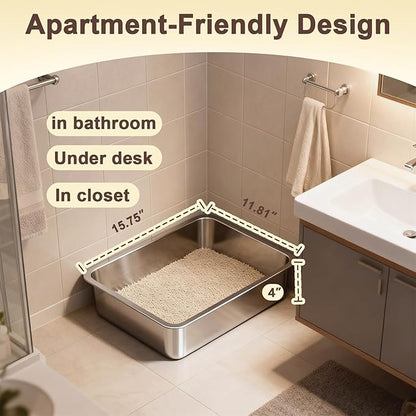 Low Entry Stainless Steel Litter Box for Kitten, Small Shallow Metal Litter Pan Tray for Rabbits Hamsters, Easy to Clean Pet Bathroom Accessories-15.75''Lx 11.81'' W x4'' H