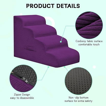 Dog Steps for Small Dogs, 3-Step Dog Ramp and Stairs for High Beds and Sofa, Non-Slip Pet Stairs Removable and Easy to Clean Cover, Purple