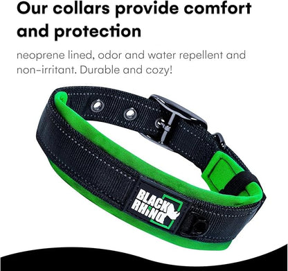 Black Rhino Dog Collar for Medium Dogs - Adjustable Reflective Heavy Duty Dog Collar with Ultra-Soft Neoprene Padding - Weatherproof, Durable, and Comfortable - Ideal for Active Dogs - Green and Black