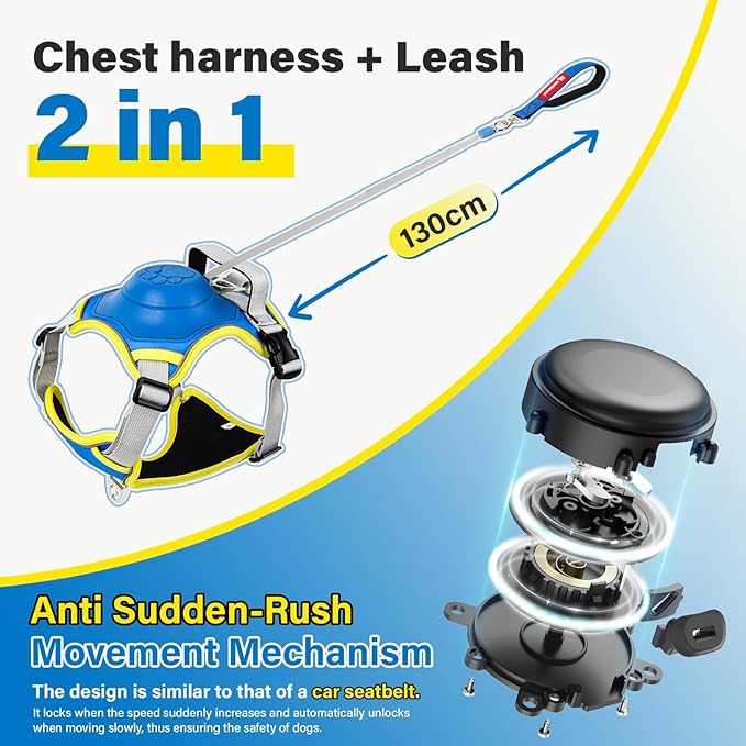 No Pull Dog Harness, 2 in 1 Retractable Harness with Auto-Lock, Reflective Breathable Mesh and Handle, Adjustable Leash Set for Small, Medium,Large Dogs,Cats (Color 2, M)