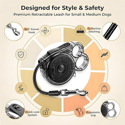 Retractable Dog Leash for Small Dogs, 10ft Retractable Leash for Puppies Up to 26 lbs, 360° Tangle-Free Heavy Duty Nylon Tape, One-Handed Brake Pause Lock, Reflective Strip for Safe Night Walking