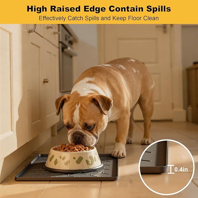 Pieviev 16''x12'' Dog Cat Food Bowl Mat, Silicone Waterproof Food Grade Pet Food Mat for Floor, High Raised Edge to Prevent Spills, Non-Slip & Easy Clean Pet Placemat for Dog & Cat Bowls, Dark Gray